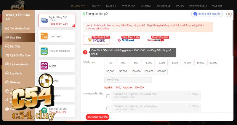 Nạp Tiền C54 An Toàn Qua Ngân Hàng